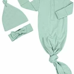 Promo 🔥 TWINOR Plain Knotted Baby Gown With Headband Hat Infant Sleeper For Baby Girl And Boy Light Green ⭐ -Sleepwear & Robes Sales 3145igNaeL. AC
