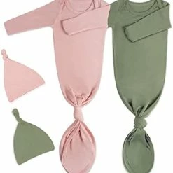 Coupon 😍 2Pk Newborn Baby Knotted Gown, Super Soft Silky Infant Long Sleeve Sleeper For Baby Sleeping With Hat Or Headband (2 Packs) Khaki+light Grey 🧨 -Sleepwear & Robes Sales 31DGnJK6sqL. AC