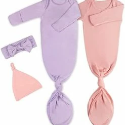 Coupon 😍 2Pk Newborn Baby Knotted Gown, Super Soft Silky Infant Long Sleeve Sleeper For Baby Sleeping With Hat Or Headband (2 Packs) Khaki+light Grey 🧨 -Sleepwear & Robes Sales 31JSvFyOYzL. AC