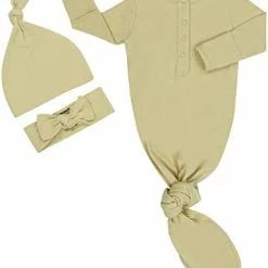 Promo 🔥 TWINOR Plain Knotted Baby Gown With Headband Hat Infant Sleeper For Baby Girl And Boy Light Green ⭐ -Sleepwear & Robes Sales 31hlR19YpL. AC