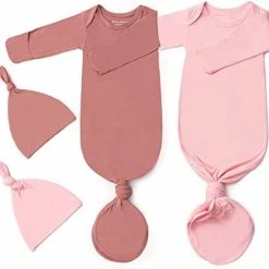Coupon 😍 2Pk Newborn Baby Knotted Gown, Super Soft Silky Infant Long Sleeve Sleeper For Baby Sleeping With Hat Or Headband (2 Packs) Khaki+light Grey 🧨 -Sleepwear & Robes Sales 410Ytyjf2rL. AC