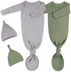 Coupon 😍 2Pk Newborn Baby Knotted Gown, Super Soft Silky Infant Long Sleeve Sleeper For Baby Sleeping With Hat Or Headband (2 Packs) Khaki+light Grey 🧨 -Sleepwear & Robes Sales 411mC0Sc9WL. AC