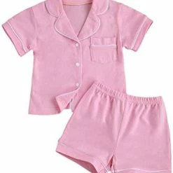 Best Pirce 👏 Merqwadd Toddler Baby Button-Down Pajamas Set, Cotton 2-PCS-PJs Set 👚 Shirt And Pants Sleepwear For Unisex Kids Short Sleeve-pink 😉 -Sleepwear & Robes Sales 417RovQET6L. AC