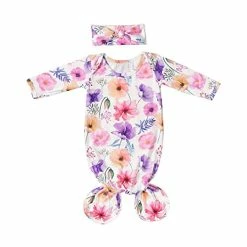Coupon ❤️ Mikccer Baby Newborn Knotted Gown 0-6 Months, Soft Breathable Sleeper Gowns, Babies Girl Coming Home Outfit Infant Watercolor Flowers Nightgowns With Headband Set 👍 -Sleepwear & Robes Sales 41BOeexp2GL