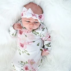 Coupon ❤️ Mikccer Baby Newborn Knotted Gown 0-6 Months, Soft Breathable Sleeper Gowns, Babies Girl Coming Home Outfit Infant Watercolor Flowers Nightgowns With Headband Set 👍 -Sleepwear & Robes Sales 41JD0P1JHXL