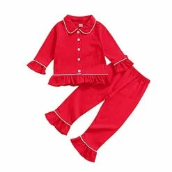 Hot Sale 👍 Ayalinggo Toddler Kids Baby Girl Solid Pjs Ruffle Long Sleeve Button 👚 Shirt Top And Pants Cotton 2Piece Pajamas Set Grey ✨