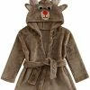 Best Sale ⌛ Unisex Boys 👧 Girls 🎄 Christmas Plush Hooded Bathrobe Animals Elk Fox Dot Pattern Thick Hooded Towel Pajamas With Belt Brown Dot 😀