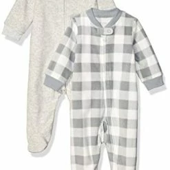 Brand new 😀 Amazon Essentials Unisex Babies' Microfleece Footed Zip-Front Sleep And Play, Pack Of 2 Grey/light Grey Heather, Buffalo Check ⌛