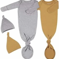 Coupon 😍 2Pk Newborn Baby Knotted Gown, Super Soft Silky Infant Long Sleeve Sleeper For Baby Sleeping With Hat Or Headband (2 Packs) Khaki+light Grey 🧨 -Sleepwear & Robes Sales 41YFTxdtofL. AC