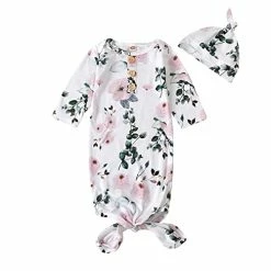 Brand new 🎁 Newborn Baby 👧 Girls Boy Knotted Gown Floral Nightgown Sleeper Gown Swaddle Headband Hat Coming Home Outfit Set Pink ✔️