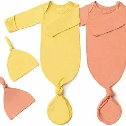 Coupon 😍 2Pk Newborn Baby Knotted Gown, Super Soft Silky Infant Long Sleeve Sleeper For Baby Sleeping With Hat Or Headband (2 Packs) Khaki+light Grey 🧨 -Sleepwear & Robes Sales 41cjyOrHwuL. AC