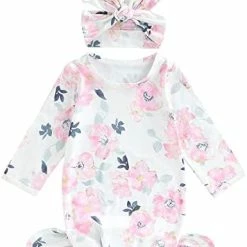 Best deal 🎁 Newborn Infant Baby Girl Boy Floral Print Cotton Sleeper Gown With Headband Outfits X-a Beige 🎉 -Sleepwear & Robes Sales 41mE2f5 v5L. AC