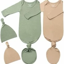 Coupon 😍 2Pk Newborn Baby Knotted Gown, Super Soft Silky Infant Long Sleeve Sleeper For Baby Sleeping With Hat Or Headband (2 Packs) Khaki+light Grey 🧨
