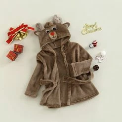 Coupon 🤩 Toddler Girl Boy ❄ Christmas Hooded Fleece Robe Long Sleeve Elk Fox Pattern Plush Bathrobe Kids Cute Clothing 😉 -Sleepwear & Robes Sales 41pKUspccOL