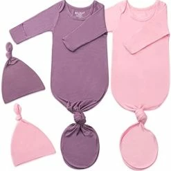 Coupon 😍 2Pk Newborn Baby Knotted Gown, Super Soft Silky Infant Long Sleeve Sleeper For Baby Sleeping With Hat Or Headband (2 Packs) Khaki+light Grey 🧨 -Sleepwear & Robes Sales 41ySe MwNHL. AC